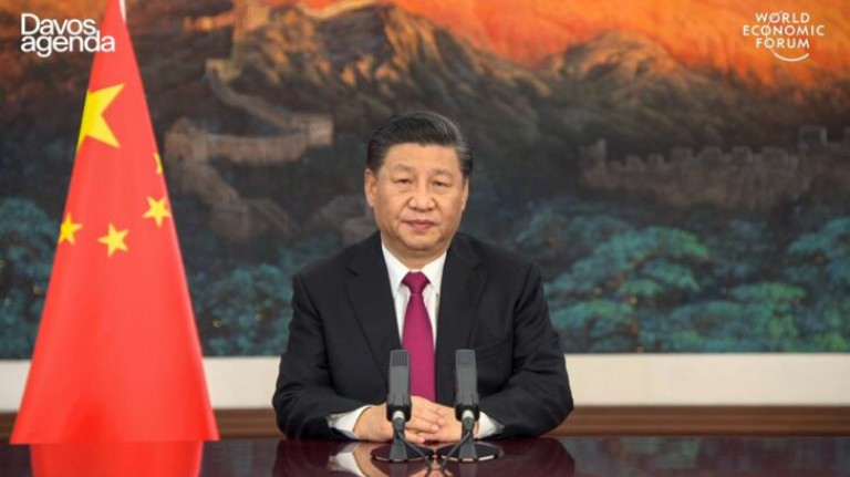 This video grab taken on January 25, 2021, from the website of the World Economic Forum shows China's President Xi Jinping speaking from Beijing as he opens an all-virtual World Economic Forum, which usually takes place in Davos, Switzerland. - Chinese President Xi Jinping opened the World Economic Forum, as his country still appears on track to emerge stronger from the coronavirus pandemic that continues to wreak havoc elsewhere. In virtual format because of the pandemic, this week's event is headlined: SWITZERLAND-CHINA-WEF-ECONOMY-POLITICS-DIPLOMACY